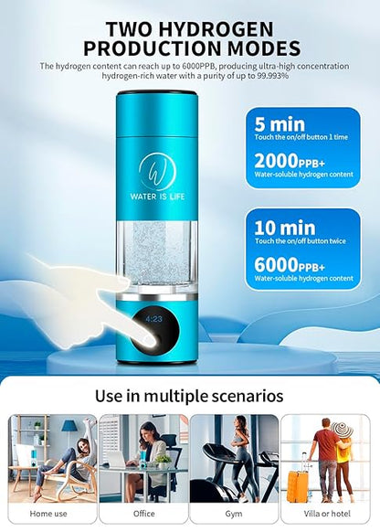 WATER IS LIFE Premium Waterproof Hydrogen Water Ionizer Bottle with LED Light, Magnetic Charging Port, 6000 ppb Hydrogen Content, SPE Electrolysis Technology, Bottom Vent to Discharge Gases (Blue)