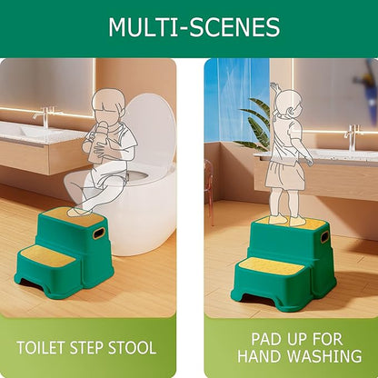 HOMKO 2 Step Stool for Kids Toddler Stool for Potty Training Kids Step Stool for Bathroom Kitchen Sink and Toilet Potty Training Anti-Slip Potty Stools, 3 in 1 Independent Stepping Stool, Green