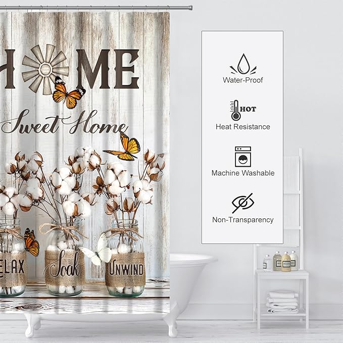Rustic Farmhouse Shower Curtain Cotton Flowers Shower Curtains for Bathroom Decor Waterproof Polyester Fabric Relax Soak Unwind Floral Bathroom Curtain with Hooks 66x72 Inch