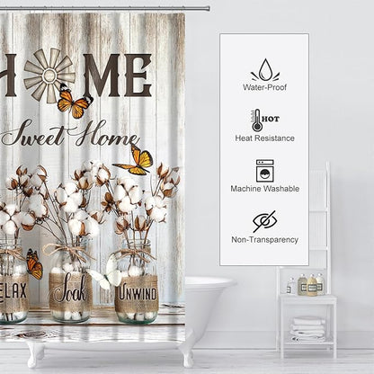 Rustic Farmhouse Shower Curtain Cotton Flowers Shower Curtains for Bathroom Decor Waterproof Polyester Fabric Relax Soak Unwind Floral Bathroom Curtain with Hooks 66x72 Inch