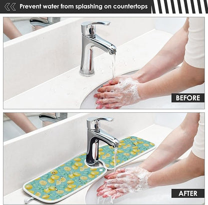 Kitchen Faucet Absorbent Mat,Lemon Fruit Summer Water Splash Guard for Sink, Faucet Drip Catcher Thicken Sponge Microfiber Faucet Water Catcher Mat Sink Absorbent Mat for Kitchen 30x5in 2 Pack