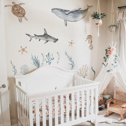 Removable Ocean Wall Stickers, Ocean Themed, Bathroom, Baby Room Sticker, Sea Animals, Removable Wall Stickers, for Baby Bedroom, Bathroom Decor