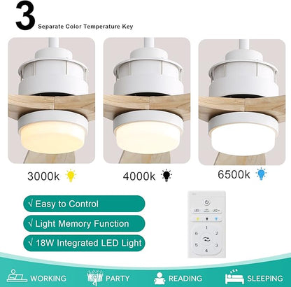 Sofucor 60" Ceiling Fan with Lights Remote Control, 3 Poles for Indoor Outdoor Ceiling Fan with Remote, Wood Ceiling Fan with 3 Color Temperature & Adjustable Brightness, Light Wood Grain