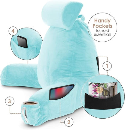 Nestl Reading Pillow Large Bed Pillow, Back Pillow for Sitting in Bed Shredded Memory Foam Chair Pillow, Reading & Bed Rest Pillows Light Blue Back Pillow for Bed, Bed Chair Arm Pillow with Pockets