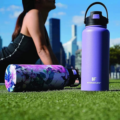 Hydraflow Hybrid - Triple Wall Vacuum Insulated Water Bottle with Flip Straw (17oz, Powder White) Stainless Steel Metal Thermos, Reusable Leak Proof BPA-FREE for Sports and Travel