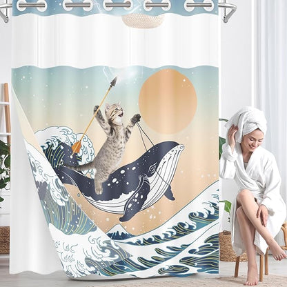 Funny Whale Cat No Hook Shower Curtain with Snap in Liner, Ocean Wave Sea Blue Orange Bath Curtain with Double Layers Waterproof Fabric and Mesh Top Window 71x74 Inch