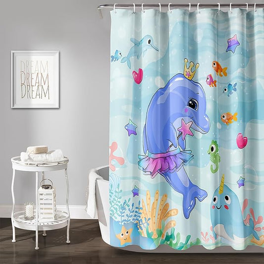 AILONEN Cute Dolphin Shower Curtain for Bathroom, Dolphin Fish Ocean Bath Curtain,Modern Minimalist Blue Waterproof Fabric Shower Curtain Set with Hooks 72" W*84" H