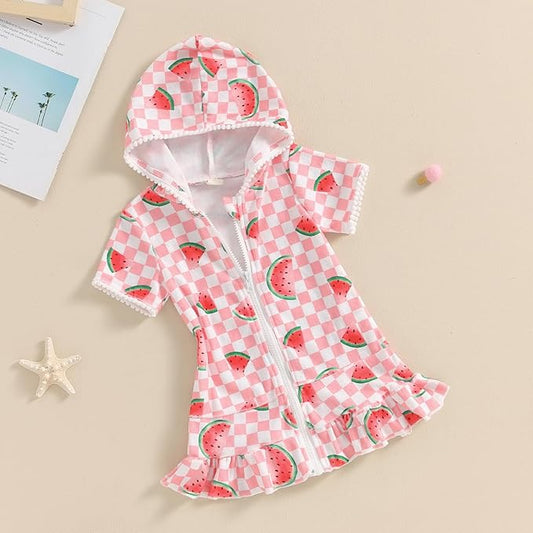 Toddler Beach Towel with Hood Kids Waffle Swim Cover Up Bath Towel Surf Poncho Boys Girls Hooded Beach Towel (Pink Watermelon, 2-3 Years)