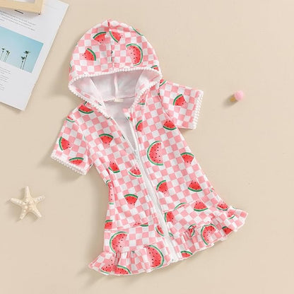 Toddler Beach Towel with Hood Kids Waffle Swim Cover Up Bath Towel Surf Poncho Boys Girls Hooded Beach Towel (Pink Watermelon, 1-2 Years)