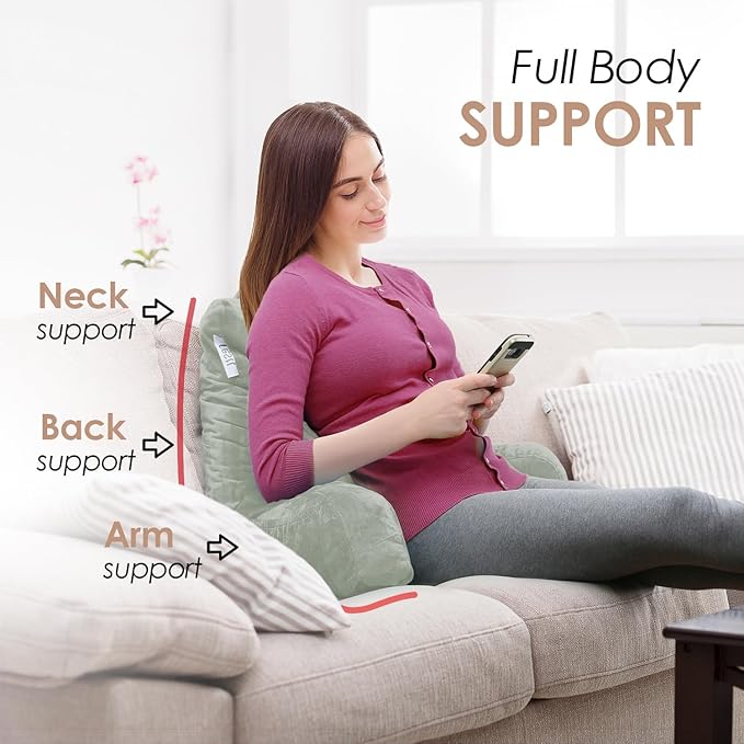 Nestl Reading Pillow Standard Bed Pillow, Back Pillow for Sitting in Bed Shredded Memory Foam Chair Pillow Reading & Bed Rest Pillows Sage Green Back Pillow for Bed, Bed Chair Arm Pillow with Pockets