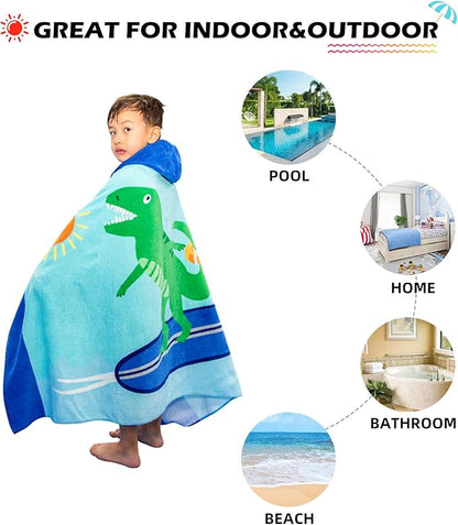 BANGSAUR Kids Hooded Beach Bath Towels, 100% Cotton 50"x30" Wrap Towel, Toddlers Boys 3-12 Years Coverup Towel Surfing T-rex