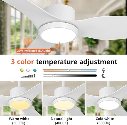 White Ceiling Fan with Light Remote 52in Timing 6Speeds Silent DC Motor 3CCT LED Light with Memory Lighting Function Indoor Outdoor Fan Farmhouse Bedroom Living Room use