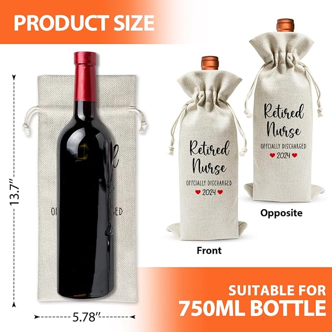 Retired Nurse Gift Wine Bag, Retired Nurse Officially Discharged 2024, Retirement Party Gift or Decoration, Nurse Day Nurse Week Gift For Coworker Mother, Reusable Linen Wine Bag