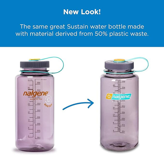 Nalgene Sustain Tritan BPA-Free Water Bottle Made with Material Derived from 50% Plastic Waste, 32 OZ, Wide Mouth, Cerulean