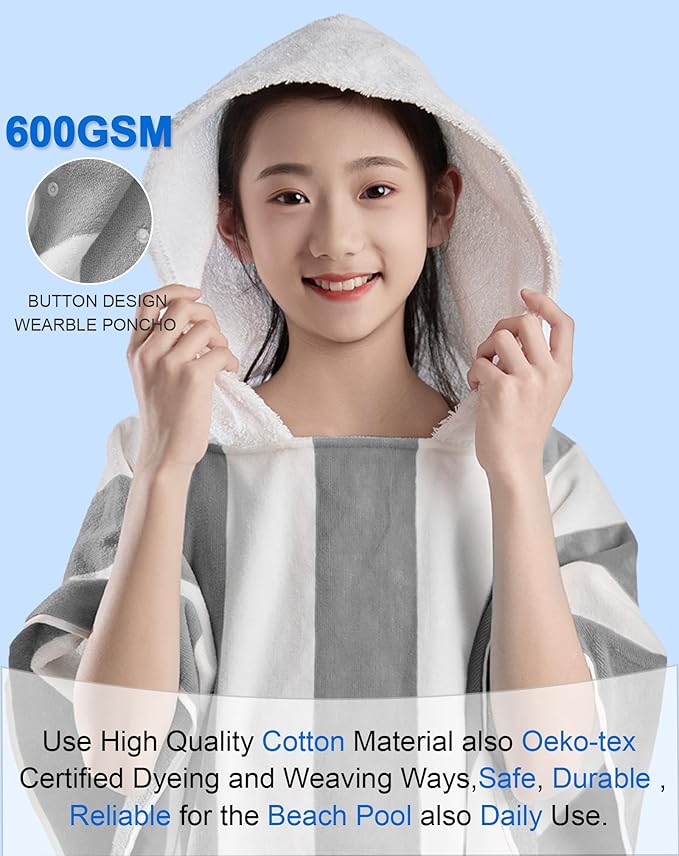 VOOVA & MOVAS Big Kids Poncho Towel with Hood - Teens Hooded Pool Towel Poncho (8-16Years), Large and Absorbent Cotton - Versatile for Beach, Pool, Swim, and Bath, Grey Cabana Stripe
