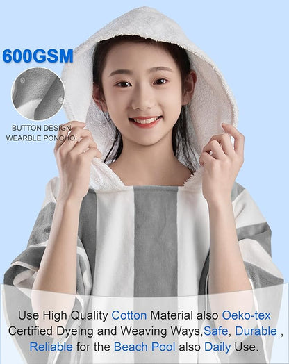 VOOVA & MOVAS Big Kids Poncho Towel with Hood - Teens Hooded Pool Towel Poncho (8-16Years), Large and Absorbent Cotton - Versatile for Beach, Pool, Swim, and Bath, Grey Cabana Stripe