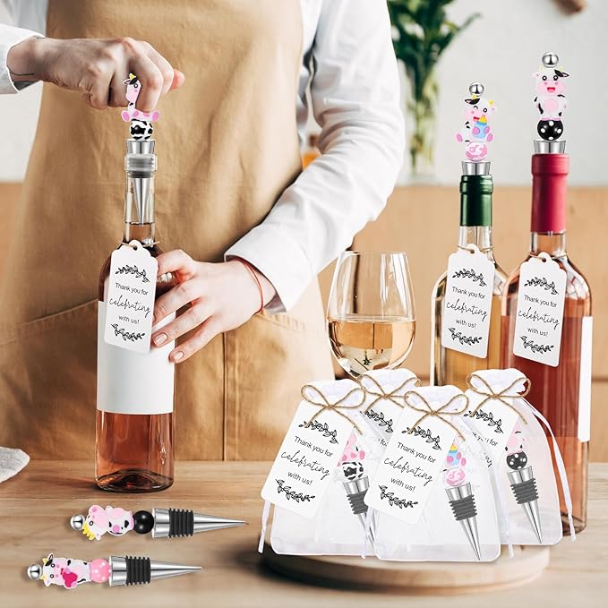 Gisafai 12 Set Cow Beadable Wine Stoppers Thank You Wedding Favors for Guests Decorative Beaded Wine Bottle Stopper with Cow Beads Organza Bag Tag for Wedding Cow Party Favor Baby Shower Gifts