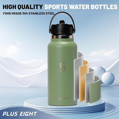 Sports Water Bottle, 32 oz Insulated Water Bottle With Straw, Stainless Steel Water Bottle Wide Mouth for Sports, Gym or Office, BPA-Free Keep Cold 24H Hot 12H (Agave)