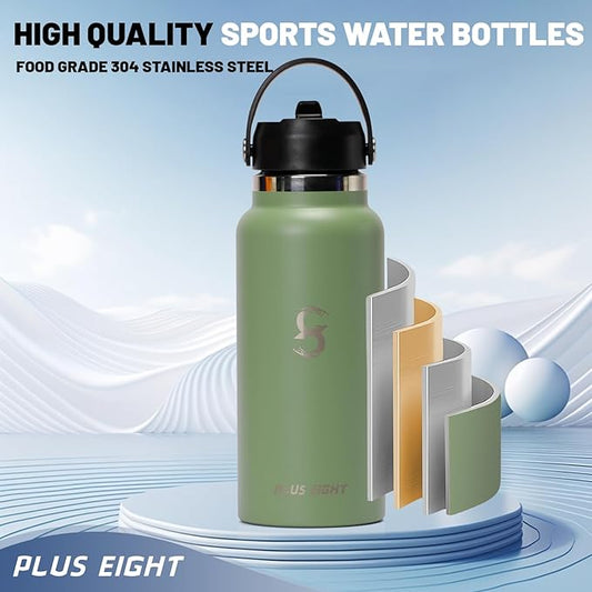 Sports Water Bottle, 32 oz Insulated Water Bottle With Straw, Stainless Steel Water Bottle Wide Mouth for Sports, Gym or Office, BPA-Free Keep Cold 24H Hot 12H (Agave)