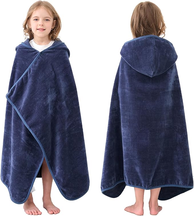 Hiturbo Kids Hooded Bath Towel: 100% Cotton Soft Thick Absorbent Towels Wrap - 50"x30" Shower Beach Pool Wearable Blanket for 3-12 Yrs Boys Girls - Navy Blue