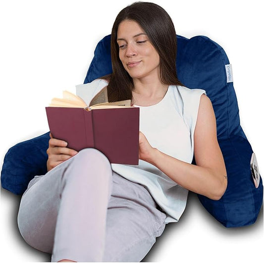 ComfortSpa Reading Pillow for Bed Adult Size, Back Rest Pillow with Arms, Pockets and Washable Cover; Use as a Back Pillow for Sitting in Bed for Bedrest or Relief from GERD Heartburn (XL Navy Blue)