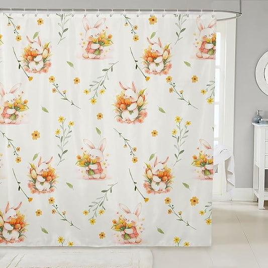 Cartoon Rabbits Kids Shower Curtains,Tulip Sunflowers Leaves Rustic Bathroom Curtains for Girls Boys,Happy Easter Cute Animals Colorful Bright Waterproof Curtains,12 Hooks Suits,72" W x 78" L