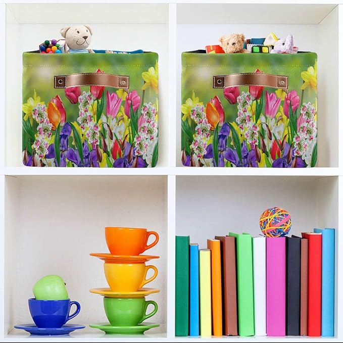 Wamika Spring Tulip Lavender Flowers Storage Basket Fabric Laundry Baskets Green Leaves Herbs Storage Boxes Organizer Bag for Baby Cloth Dog Toy Book Storage Cubes Shelf Closet Bins 16x12x8 Inches