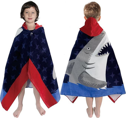 Kids Bath Towel Hooded - Cotton Kids Beach Towel 30"x50" for Ages 3 to 10, Toddler Towels with Hood Snaps, Soft Terry Poncho Towel as Pool Swim Cover Ups for Girls Boys (Shark Navy)