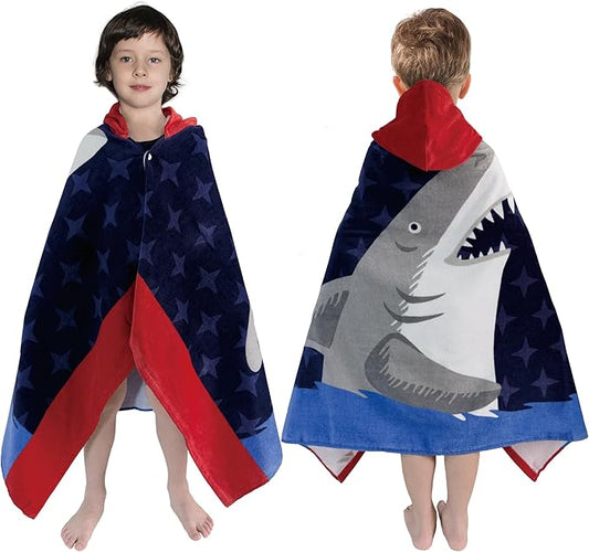 Kids Bath Towel Hooded - Cotton Kids Beach Towel 30"x50" for Ages 3 to 10, Toddler Towels with Hood Snaps, Soft Terry Poncho Towel as Pool Swim Cover Ups for Girls Boys (Shark Navy)