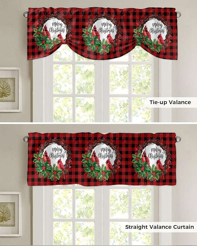 Merry Christmas Blackout Tie Up Valance Curtains for Kitchen Windows Winter Cardinal Holly Berries Window Toppers Balloon Shades for Living Room/Bathroom/Bedroom,1 Panel,60" X 18" Red Black Plaid