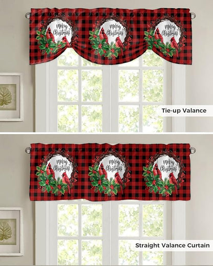 Merry Christmas Blackout Tie Up Valance Curtains for Kitchen Windows Winter Cardinal Holly Berries Window Toppers Balloon Shades for Living Room/Bathroom/Bedroom,1 Panel,60" X 18" Red Black Plaid