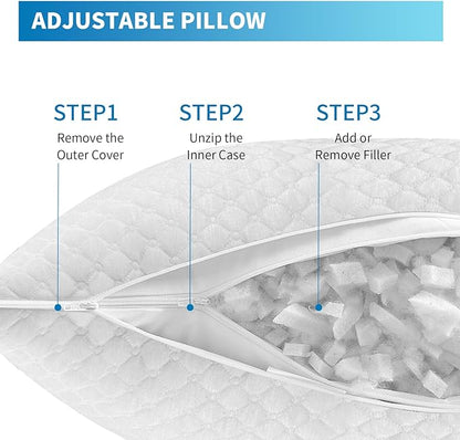 Shredded Memory Foam Pillows, Bed Pillows Standard Size Set of 2, Cooling Pillows for Sleeping, Adjustable Firm Pillows for Side Back and Stomach Sleepers, Bed Pillows with Washable Removable Cover