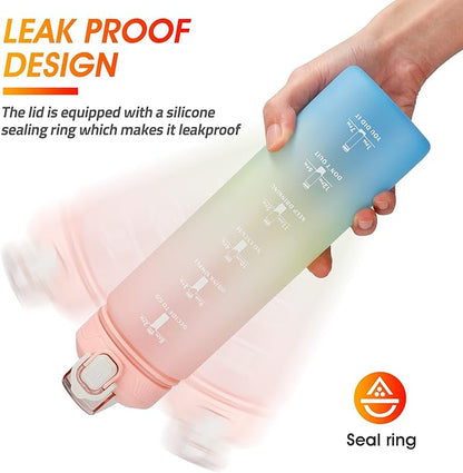 Motivational Water Bottle with Time Marker- 32oz Water Bottles with Times to Drink, Leakproof & BPA Free Sports Water Bottle with Straw & Carry Strap for Fitness, Gym, and Outdoor Sports