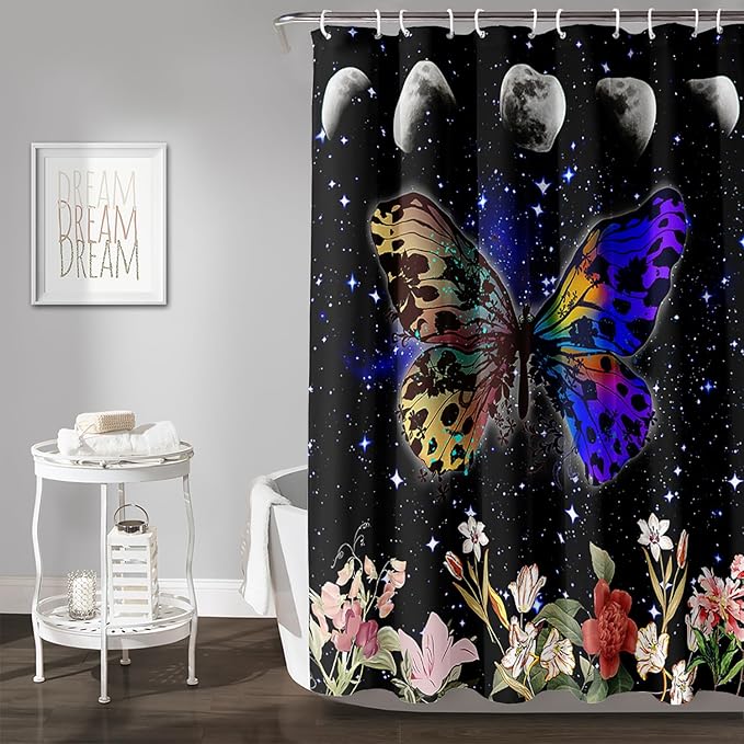 AILONEN Colorful Moth Shower Curtain,Sun and Moon Shower Curtain Set for Kids Girls Boys,Boho Natural Flowers Bath Curtain,Starry Night Bathroom Decor Shower Curtain with 12 Hooks,60" W*72" H