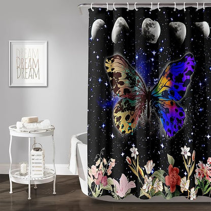 AILONEN Colorful Moth Shower Curtain,Sun and Moon Shower Curtain Set for Kids Girls Boys,Boho Natural Flowers Bath Curtain,Starry Night Bathroom Decor Shower Curtain with 12 Hooks,60" W*72" H