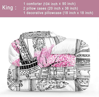 Bedbay Pink Paris Comforter Set Eiffel Tower Duvet Set Aesthetic Bedding for Girls Women Pink and Grey Comforter Quilt Set Paris Decor Summer Lightweight Comforter,No Sheets(Paris,King)