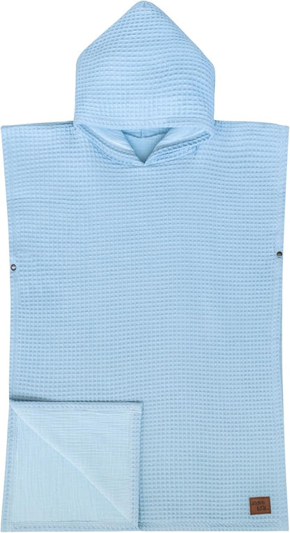 Hooded Towel for Kids | Snaps into a Poncho | Organic Cotton Waffle | Lightweight and Absorbent | Bath, Beach, and Pool | Multiple Colors | (Large (6-10 Yrs), Lagoon)