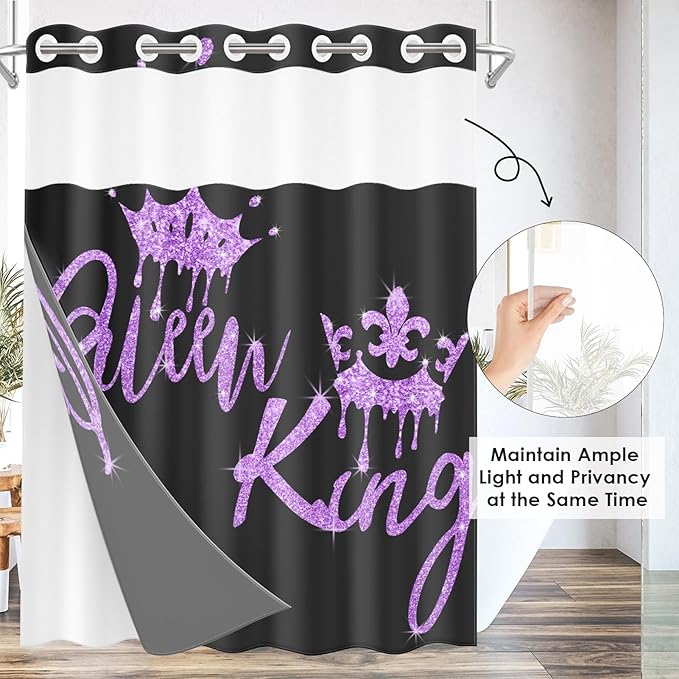 King and Queen No Hook Shower Curtain with Snap in Liner, Black and Purple Glitter Bath Curtain with Double Layers Waterproof Fabric and Mesh Top Window 71x74 Inch
