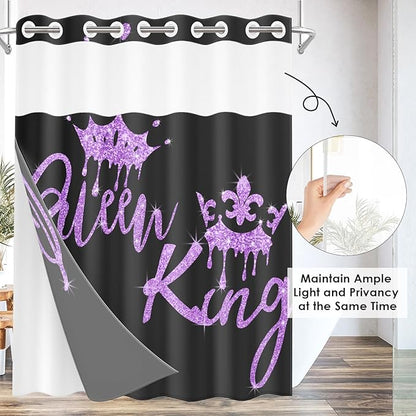 King and Queen No Hook Shower Curtain with Snap in Liner, Black and Purple Glitter Bath Curtain with Double Layers Waterproof Fabric and Mesh Top Window 71x74 Inch