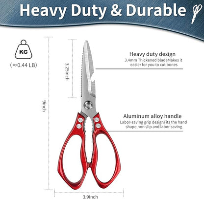 Kitchen Shears for Food Heavy-Duty: Multipurpose Kitchen Shears for Cutting Chicken, Bone, Meat, Food, (9'' Red)