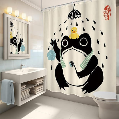 LGhtyro Funny Frog Shower Curtain Bathroom Set 60Wx71H Inches Cute Animal Bath Asian Style Traditional Japanese Art Rubber Duck Bath Accessories Retro Black Beige Art Home Decor Fabric 12 Pack Hooks