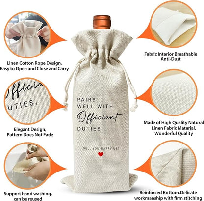 Wedding Officiant Gift Wine Bag, Ordained Minister and Pastor Appreciation Gift, Engagement Gift, Engagement Party Supply Favor, Officiant Gift Idea, Proposal Gift, Cotton Linen Wine Bag