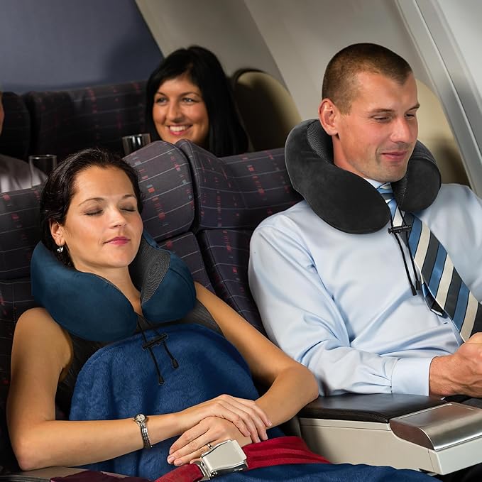Travel Pillow and Blanket Set Neck Pillow Airplane Memory Foam for Traveling Compact with Bag Navy