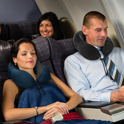 Travel Pillow and Blanket Set Neck Pillow Airplane Memory Foam for Traveling Compact with Bag Black