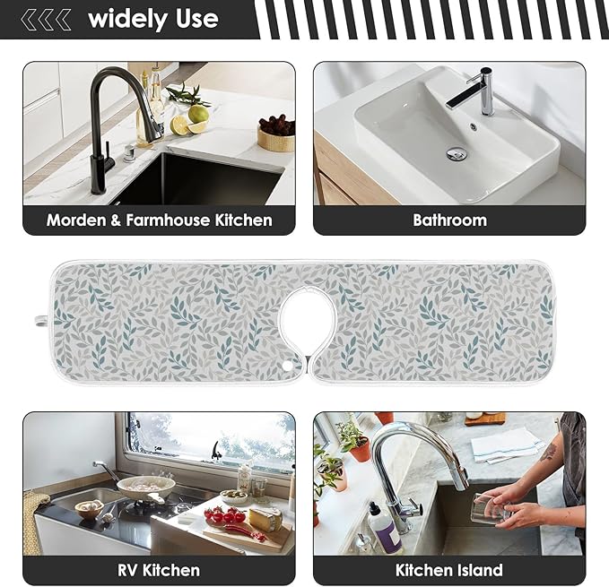 Kitchen Faucet Absorbent Mat,Green Gray Leaf Water Splash Guard for Sink, Faucet Drip Catcher Thicken Sponge Microfiber Faucet Water Catcher Mat Sink Absorbent Mat for Kitchen 23x5in 2 Pack