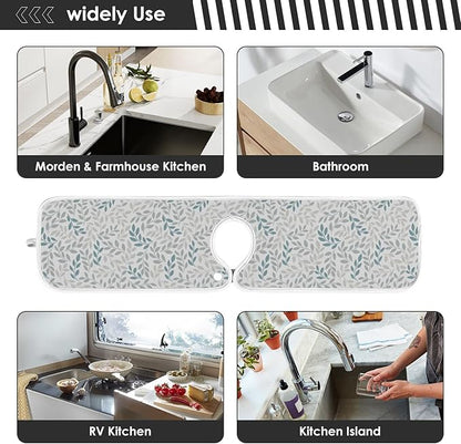 Kitchen Faucet Absorbent Mat,Green Gray Leaf Water Splash Guard for Sink, Faucet Drip Catcher Thicken Sponge Microfiber Faucet Water Catcher Mat Sink Absorbent Mat for Kitchen 23x5in 2 Pack