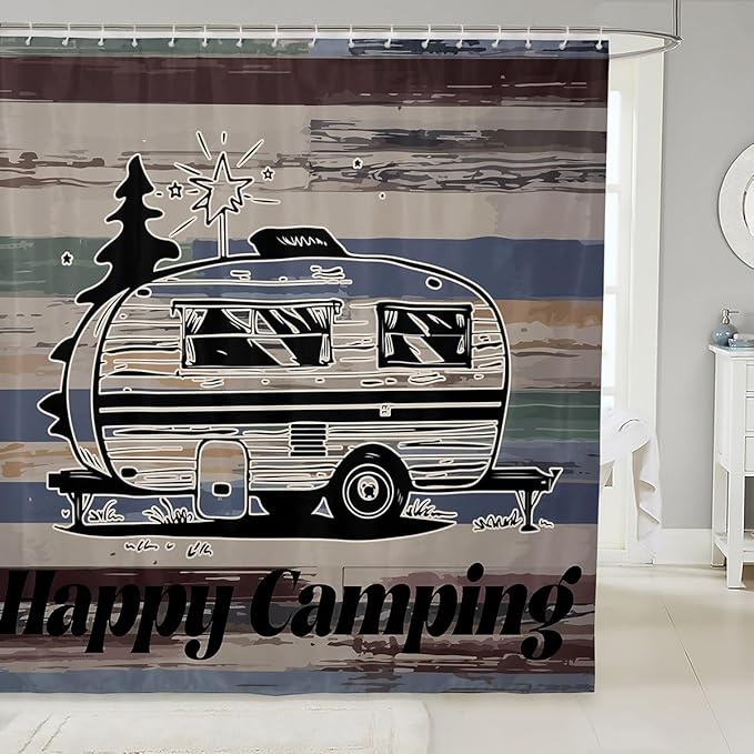 Feelyou Camper Shower Curtain Happy Camping Fabric Shower Curtain for Kids Boys Girls Wooden Rustic Bathroom Waterproof Accessories with 12 Hooks Rv Camping Curtains,72x84 Inches