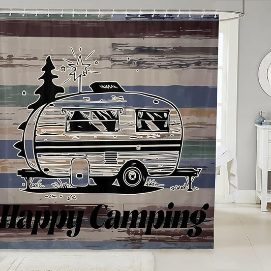 Feelyou Camper Shower Curtain Happy Camping Fabric Shower Curtain for Kids Boys Girls Wooden Rustic Bathroom Waterproof Accessories with 12 Hooks Rv Camping Curtains,72x84 Inches