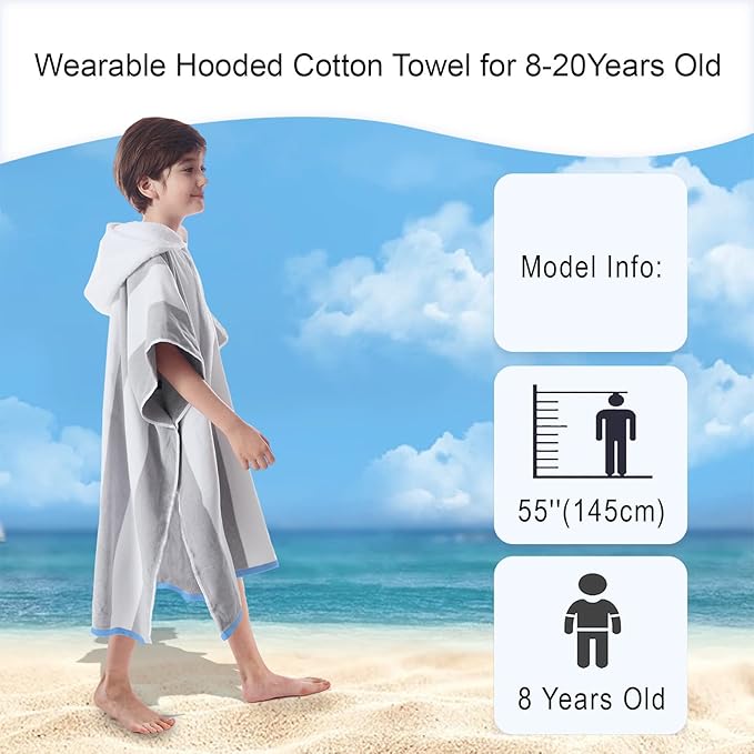 VOOVA & MOVAS Big Kids Hooded Bath Towels - Girl | Teens Pool Towel Poncho Towel Robe (8-16Years), Large Thick and Absorbent Cotton - Versatile for Pool, Swim, and Bath, Grey and White Wide Cabana