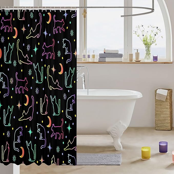 Cartoon Cats Kids Shower Curtains,Sun Moon Starry Sky Outer Space Boho Bathroom Curtains for Girls Boys,Cartoon Pet Animals Silhouettes Colorful Waterproof Curtains,12 Hooks Suits,72"W x 84"L